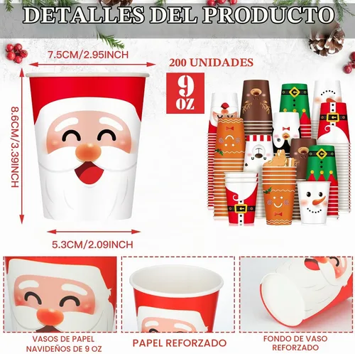 Vista 2 de Zhehao 200 Piezas Vasos de Papel de Navidad Xmas Vasos Desechables de Café 9 oz Santa Muñeco de Nieve Alce Vasos Desechables de Papel de Navidad