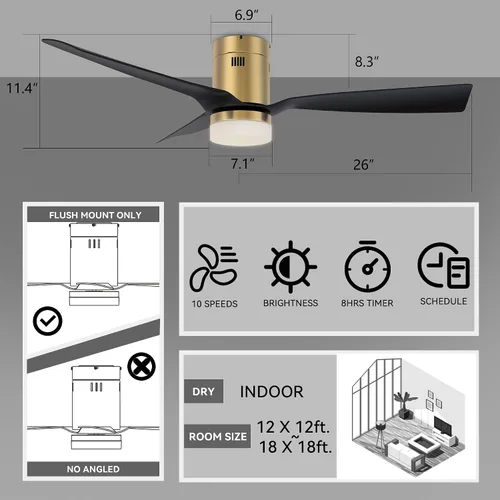 Vista 5 de SMAAIR Ventilador de techo inteligente negro de 52 pulgadas con luces y motor de CC de 10 velocidades con control remoto, control de aplicación