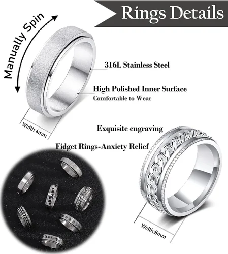 Vista 2 de KOHOTA Anillos giratorios de acero inoxidable para mujeres y hombres, anillos giratorios para la ansiedad, anillos giratorios para aliviar