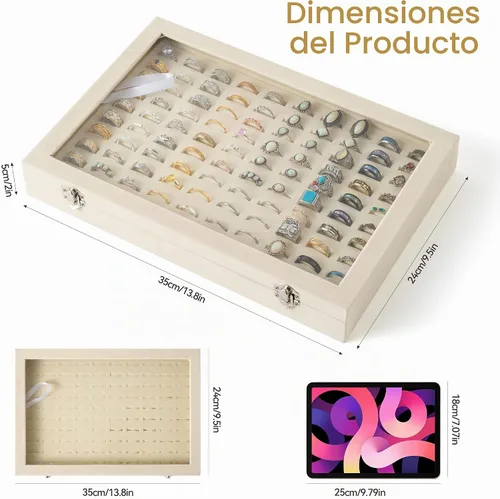 Vista 3 de Frebeauty Bandeja organizadora de anillos de 100 ranuras, caja de Beige