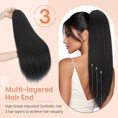 Vista 3 de Benehair Extensión de cola de caballo con cordón, 24 pulgadas de largo, pelo sintético lacio, extensiones de cabello de cola de caballo con clip