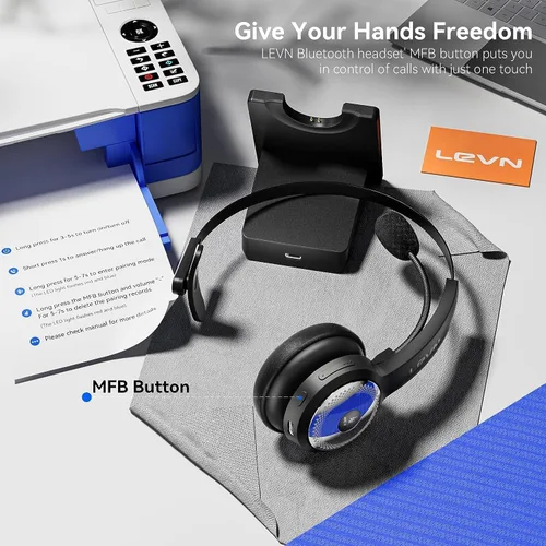 Vista 3 de LEVN Auriculares Bluetooth 5.0, auriculares inalámbricos con micrófono (cancelación de ruido AI), auriculares Bluetooth de 35 horas con dongle USB