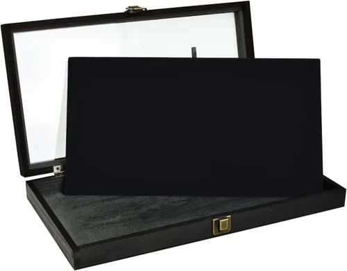 Vista 3 de MOOCA Vitrina de madera para joyas, vitrina de bolsillo con tapa superior de vidrio templado y almohadilla de joyería de terciopelo MDF de lujo