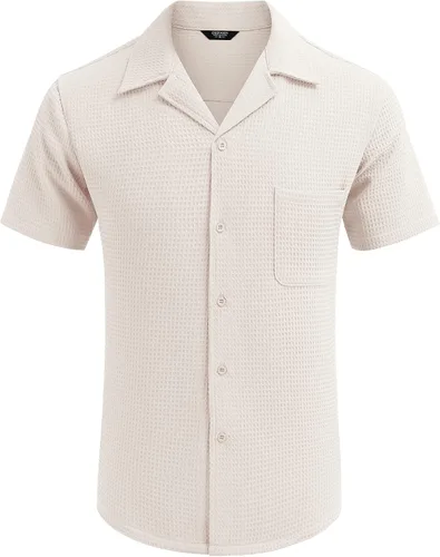 Vista 2 de COOFANDY Camisa de manga corta con botones para hombre, ajuste holgado, para playa cubana