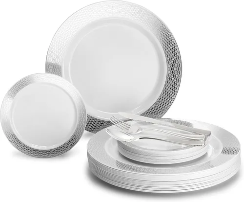 Vista 10 de Occasions" - Juego de 300 piezas y 60 platos de plástico desechables para bodas y cubiertos (lino blanco y plateado, cubiertos plateados)