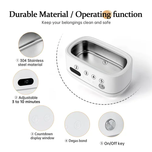 Vista 3 de Potente limpiador ultrasónico para joyas, anteojos, relojes y cepillos, tanque de acero inoxidable de 12.8 fl oz, diseño portátil, limpieza rápida