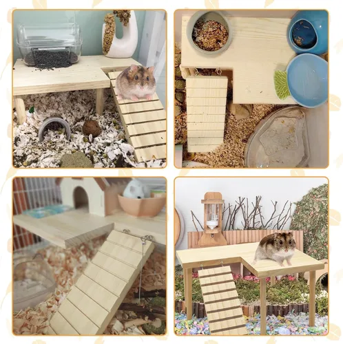 Vista 4 de kathson Plataforma de hámster de madera con patas, plataforma natural de pie para animales pequeños, escalera para escalar, jaula de conejillo