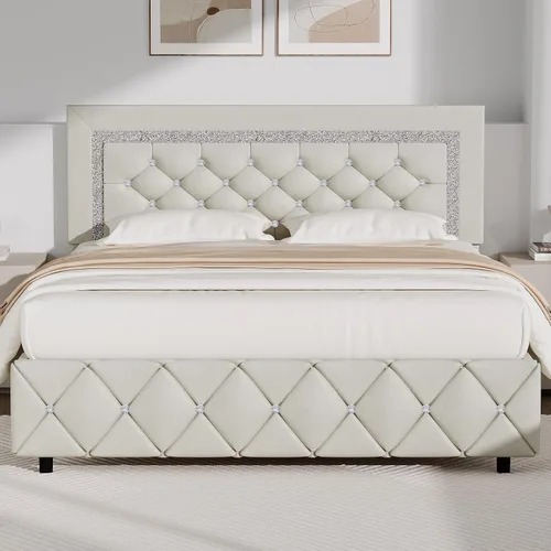 Vista 25 de BarnFurin Base de cama individual con cabecero, cama tapizada con diseño capitonado de diamante, marco de cama para niños con soporte de listones