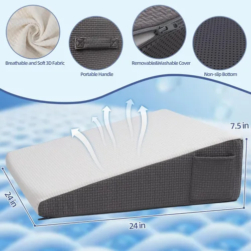 Vista 6 de Almohada de cuña para cabecero, almohada de cuña elevada triangular de 7.5 pulgadas para aliviar el reflujo ácido, dormir, poscirugía, alivio