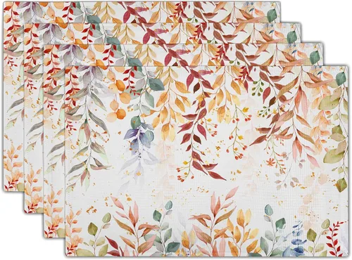 Vista 22 de Juego de 4 manteles individuales de otoño para mesa de comedor, hojas de calabazas de otoño, cosecha de Acción de Gracias, tela lavable