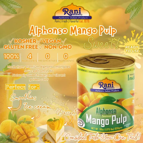 Vista 7 de Puré de pulpa de mango Rani (hace batidos de mango Lassi) Alphonso endulzado 30 onzas (1.875 libras) 29.98 oz ~ Kosher Todo natural Sin OMG