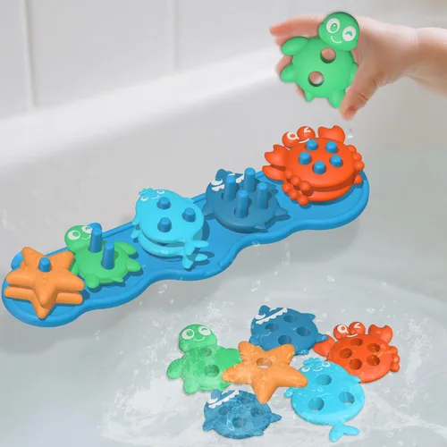 Vista 7 de Juguetes de baño con succión para bebé, juguete de baño de silicona sin moho, clasificador y apilable, juguetes sensoriales y el mejor regalo