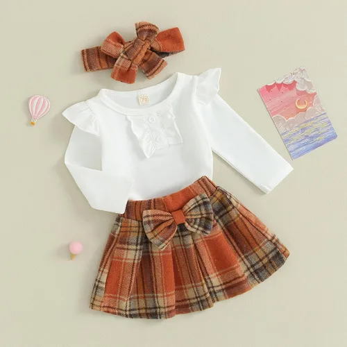 Vista 2 de Sasaerucure Trajes de otoño e invierno para bebé niña, mameluco de manga larga con falda a cuadros, 2 piezas, trajes de Navidad