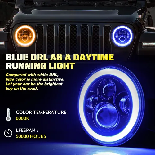 Vista 2 de CO LIGHT - Faros delanteros LED redondos de 7 pulgadas con halo, con haz alto/bajo, halo ámbar/azul, faro LED para todo terreno, ojos angulares