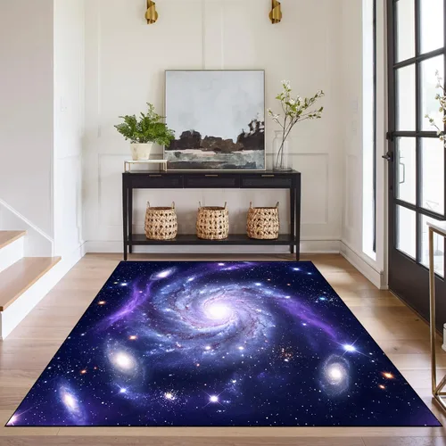 Vista 29 de Alfombra galaxia de 2 x 3 pies para habitación de niños, alfombra de cielo estrellado de pelo bajo, antideslizante, lavable, alfombra nebulosa