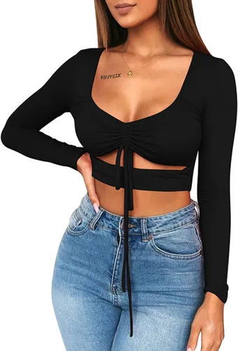 Vista 2 de MIZOCI - Camiseta básica de manga larga con cordones, para mujer.