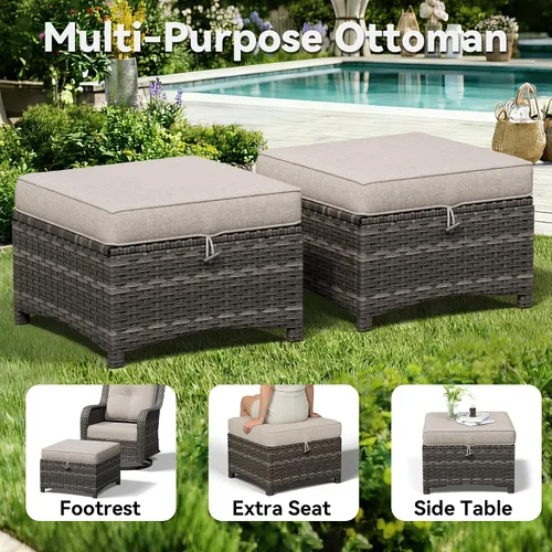 Vista 5 de Juego de 2 otomanas para patio, 22 x 22 x 18 pulgadas, reposapiés de mimbre para exteriores con cojín, beige, para jardín, patio trasero, cubierta
