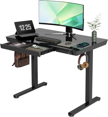Vista 18 de Claiks Escritorio de pie pequeño de cristal con cajones y puertos USB 32x19 negro