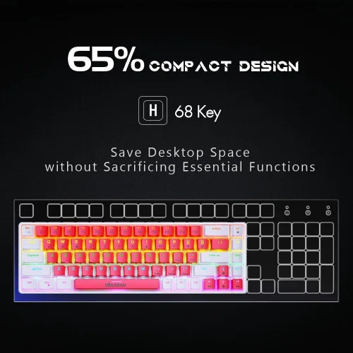 Vista 4 de abucow Teclado mecánico con cable 60% - Diseño compacto de 68 teclas, anti-fantasma completo, interruptor marrón intercambiable, teclas blancas
