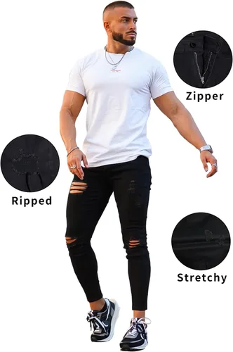 Vista 4 de Gingtto jeans entallados elásticos para hombre, de corte ajustado, rasgados, gastados