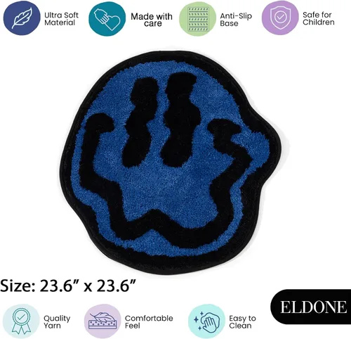Vista 3 de ELDONE Trippy - Tapete de baño de cara feliz azul, alfombras geniales para dormitorio, alfombra de preparación, alfombra hippie antideslizante