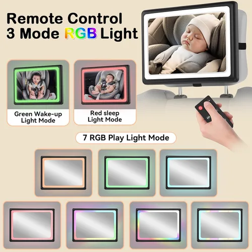 Vista 8 de Espejo de coche para bebé con luz, control remoto, ajustable en 360°, espejo de asiento de coche resistente a los golpes, visión nocturna clara
