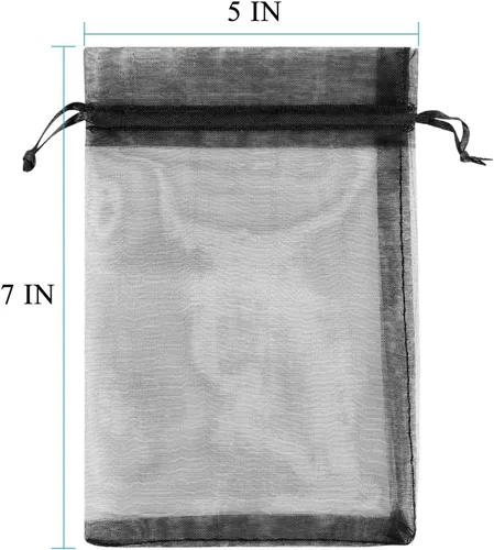 Vista 3 de 100 piezas por paquete 5x7 Bolsas de regalo transparentes negras, tela de organza transparente, bolsas de malla transparentes con cordón