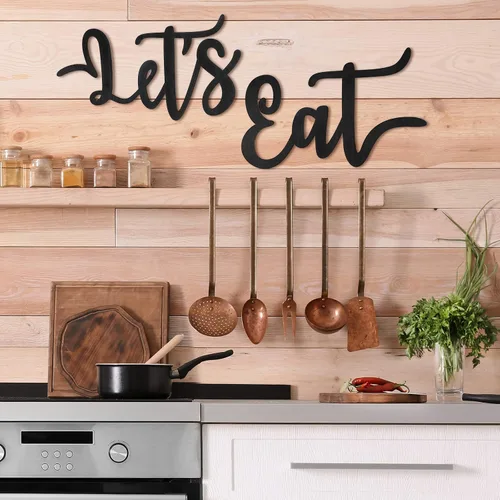 Vista 3 de Jetec 2 piezas Letrero para comer Signo de madera para decoración de pared de cocina Rústico Letreros cortados para comer Placa colgante de pared