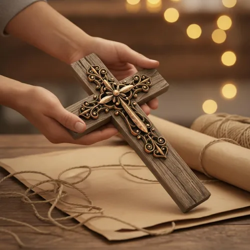 Vista 2 de Comfy Hour - Decoración de pared cruzada de 13 pulgadas, cruz de pared en capas, tono cobre Wall crosses for home decor, large decorative cross