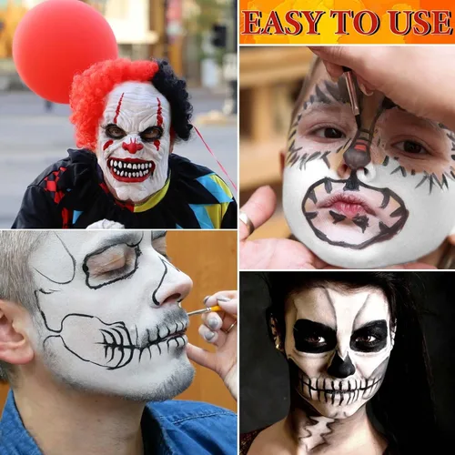 Vista 4 de Maquillaje de pintura facial de Halloween, color blanco, rojo, negro, pintura facial blanca profesional, payaso Joker, kit de pintura facial
