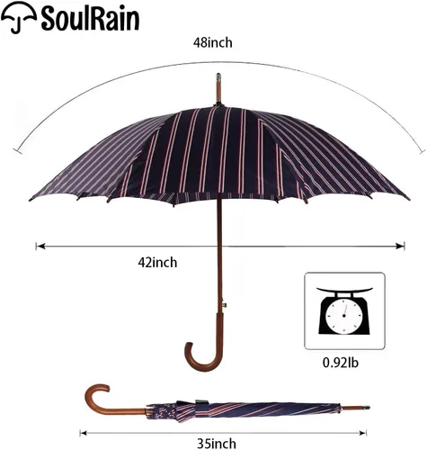 Vista 4 de SoulRain Paraguas clásico con mango de madera de 48 pulgadas, apertura automática, resistente al viento, transparente, irrompible, paraguas