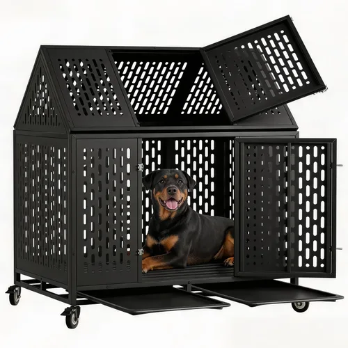 Vista 13 de Jaula indestructible para perros de 44 pulgadas, jaula de acero a prueba de mordeduras de alta ansiedad para perros medianos y grandes, doble puerta