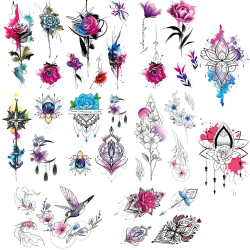 Vista 2 de Glaryyears Tatuaje temporal de flores de acuarela para mujeres y niñas, calcomanías realistas de larga duración, paquete de 10 tatuajes falsos