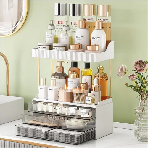 Vista 13 de StorBin Organizador de maquillaje de 3 cajones grandes, organizador de encimera de baño de 5 niveles y almacenamiento, organizador versátil