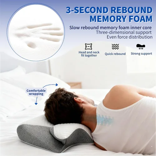 Vista 6 de Almohada cervical ergonómica para soporte del cuello, almohada de espuma viscoelástica para dormir de lado, espalda y estómago, diseño ortopédico