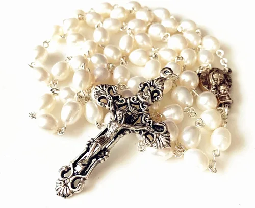 Vista 2 de elegantmedical Hecho a mano AAA 8-9MM perla natural perlas rosas rosario crucifijo Jesús cruz católica collar caja, Metal