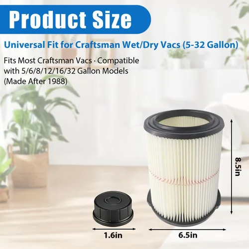 Vista 2 de 1 paquete de filtro de cartucho húmedo/seco de repuesto para aspiradora Craftsman 9-17816, compatible con aspiradoras de 5 galones y más grandes