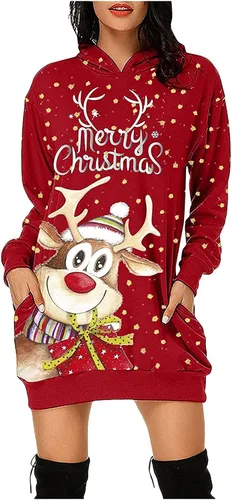 Vista 2 de Kosheko Vestido de suéter para mujer, con estampado de renos feos y bolsillos, para Navidad, para el día de San Valentín