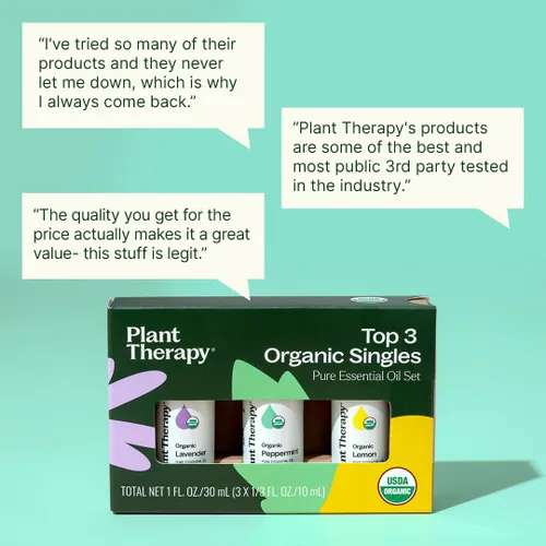 Vista 4 de Plant Therapy Set de los 3 mejores aceites esenciales orgánicos individuales 10 mL (1/3 oz) Limón, Lavanda y Menta 100% aceites esenciales puros