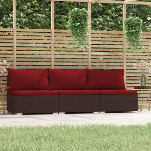 Vista 2 de 3 Seat Patio Sofa with Cushions Brown Poly Rattan Brown and Cinnamon Red