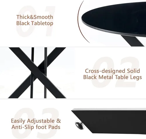 Vista 7 de Moderno juego de mesa de comedor redonda de 3 piezas, mesa de MDF circular negra y 2 sillas de comedor negras Boucle, muebles de cocina con marco