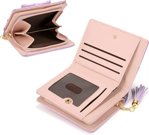 Vista 3 de UTO - Billetera para niñas de cuero vegano, lindo gato colgante, organizador de tarjetas, monedero para mujeres, Unicorn Ace Light Purple, S