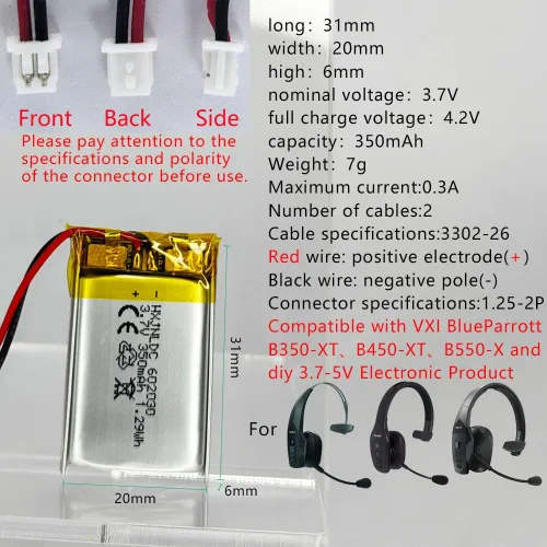 Vista 2 de DC 3.7V 350mAh 602030 Batería de litio para auriculares Bluetooth VXI BlueParrott B350-XT B450-XT B550-XT B350XT B450XT B550XT B550XT Bluetooth
