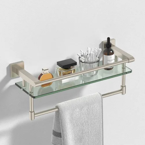 Vista 11 de Estante de vidrio para baño de 20 pulgadas, estantes de baño con barra para toallas, estantes de vidrio templado con soporte para toallas de acero