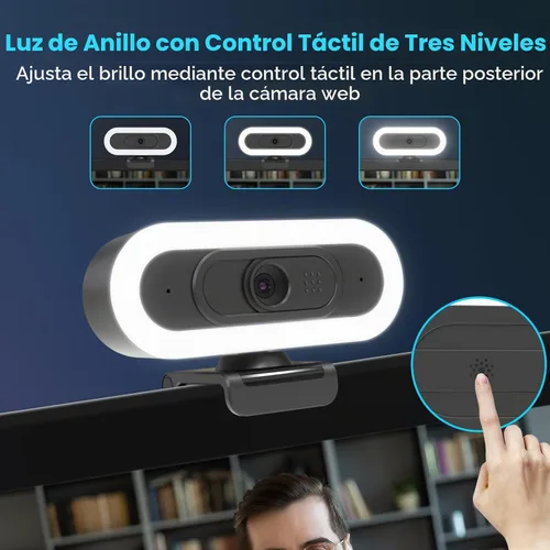 Vista 4 de Cámara web de transmisión ToLuLu 2K 50FPS, cámara web LED RGB con micrófono y luz, cámara de computadora con enfoque automático con cubierta