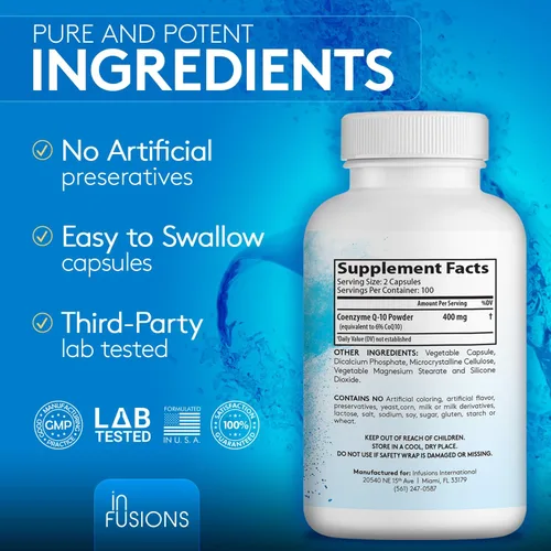 Vista 5 de Infusiones Pure Extra Strength CoQ10 400 mg 200 cápsulas de alta absorción sin gluten sin OMG