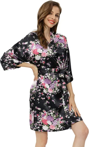 Vista 3 de DITSONEO Bata floral para mujer, bata de satén de seda para dama de honor, para boda, vestido de vestir, kimono, ropa de dormir