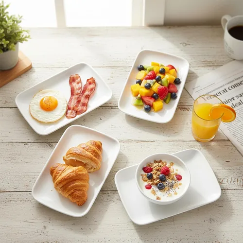 Vista 3 de Juego de 4 platos rectangulares de melamina, 7.5 pulgadas, pequeños platos de plástico blanco para servir, para cena, ensalada, fruta, aperitivo