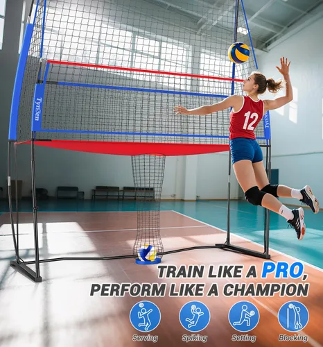 Vista 5 de Volleyball Practice Net with Ball Return System, Height Adjustable 6.5-8FT, 11 * 8FT Portable Volleyball Training Equipment for Serving, Spiking