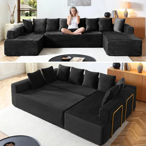 Vista 11 de Sofá grande sin hueso de 125 pulgadas con diván, moderno sofá modular con asiento profundo, sofá tapizado de pana en forma de U para sala de estar